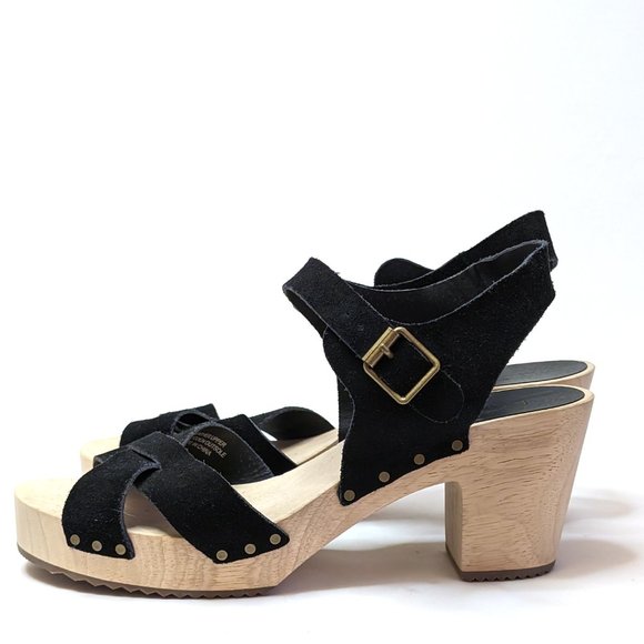 Loft Black Suede Ankle Strap Open Toe Chunky Wooden Sandals Women's Size 10M - Picture 5 of 6